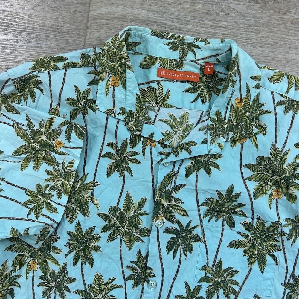 Tori Richard Men's Large Blue Hawaiian Shirt Loose Fit Palm Tree Leaf